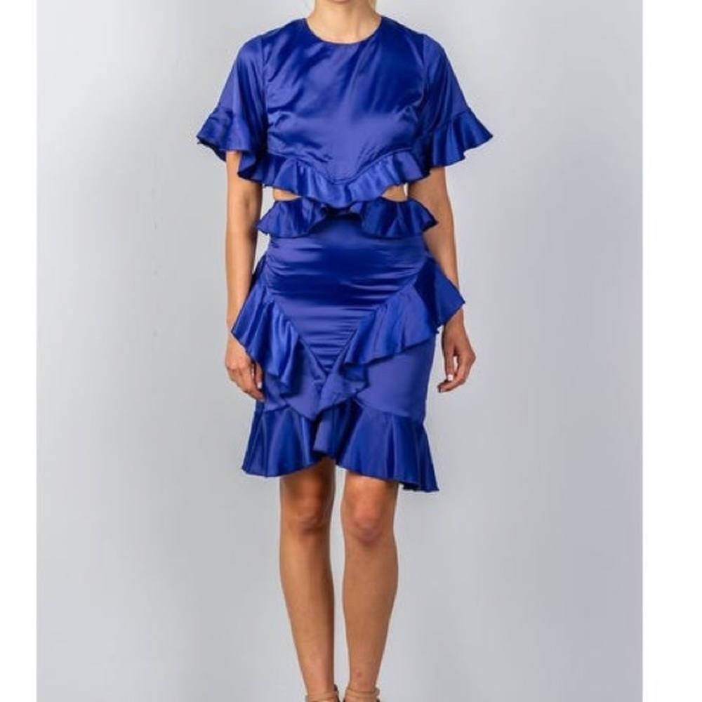 Electric Blue Bow Tie Back Cut-Out Ruffle Dress